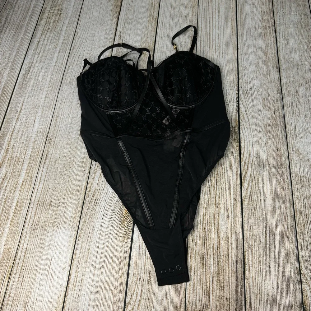 NWT Victoria's Secret Teddy Very Sexy VS Logo Balconette Faux-Leather Trim XXL